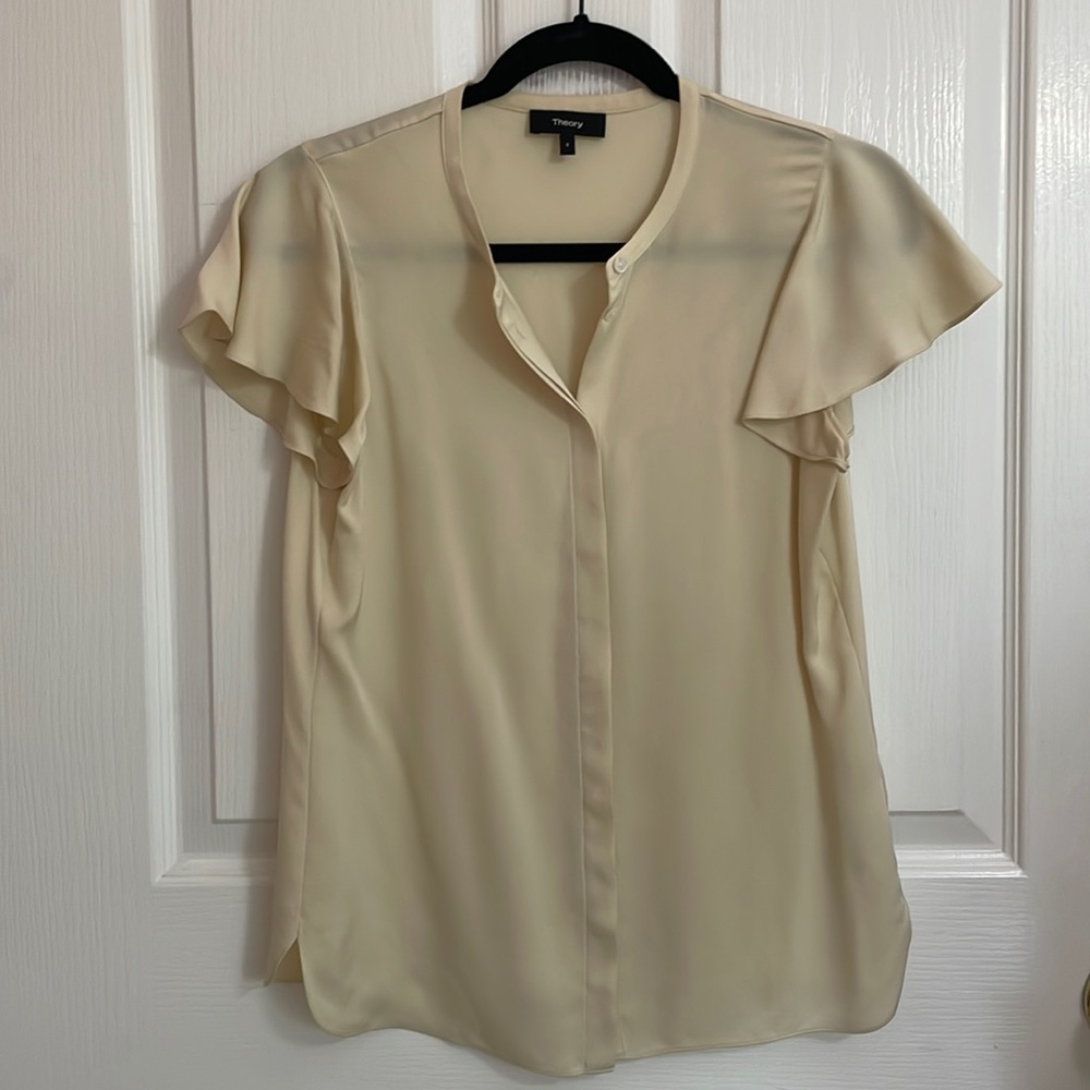 EUC Theory Ruffle Sleeve Cream Silk Top Size S